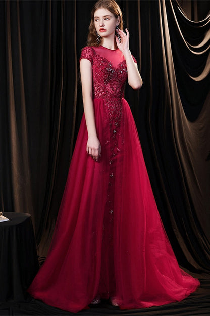 Burgundy Mermaid Evening Dress Tulle Overskirt With Short Sleeves Beadings Online