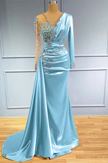Long Sleeves Beadings Prom Dress V Neck Mermaid