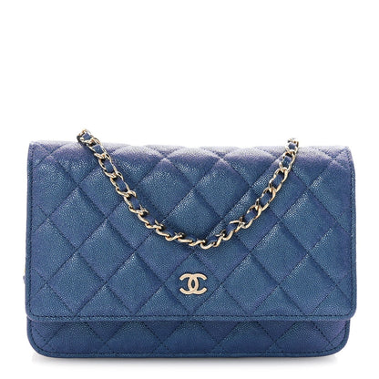 Iridescent Caviar Quilted Wallet on Chain WOC Dark Blue