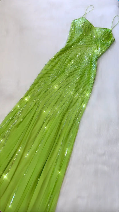 Stunning A Line Spaghetti Strap Sequin Green Tulle Long Prom Dress Evening Dress SH2272
