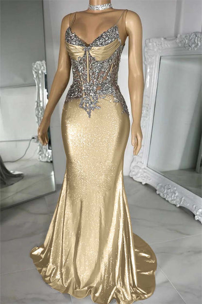 Spaghetti Strap Sleeveless V-Neck Mermaid Long Prom Dress With Sequins