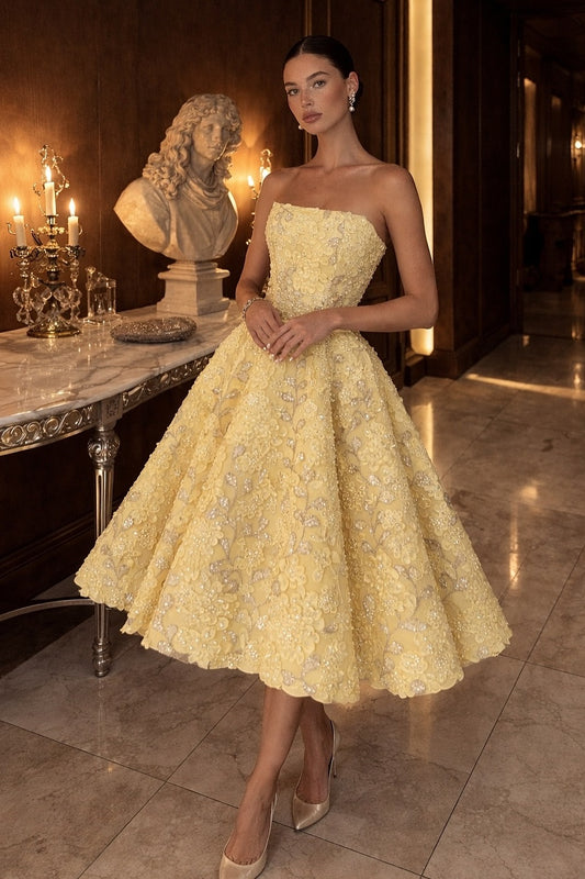 Classic Yellow Sleeveless A-Linr Embroidery Appliques Evening Dress
