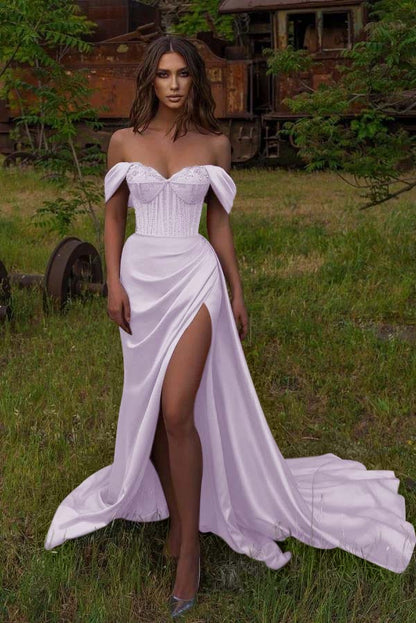 Mermaid Off-the-Shoulder Beadings Sweetheart Prom Dress Slit