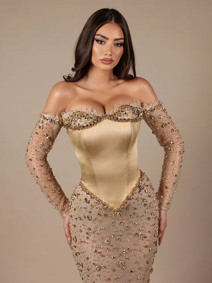 Long Sleeves Sweetheart Strapless Mermaid Beads Prom Dress