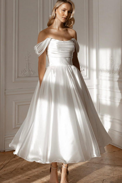 Exquisite White Satin Strapless Off the Shoulder A Line Prom Dress with Ruffles