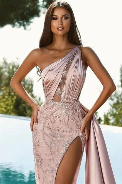 Shining Pink One Shoulder Long Mermaid  Prom Dress With Beads Split