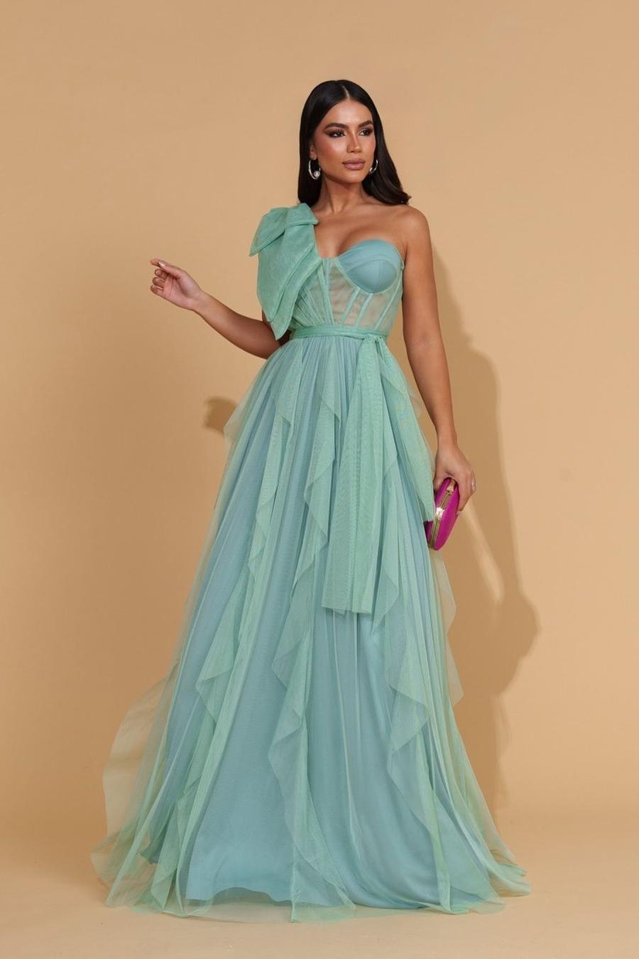 Glamorous Mint Tulle Sleeveless One Shoulder Long Prom Dress with Ruffles