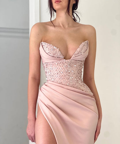 Pink Sleeveless Strapless Mermaid Beads Prom Dress
