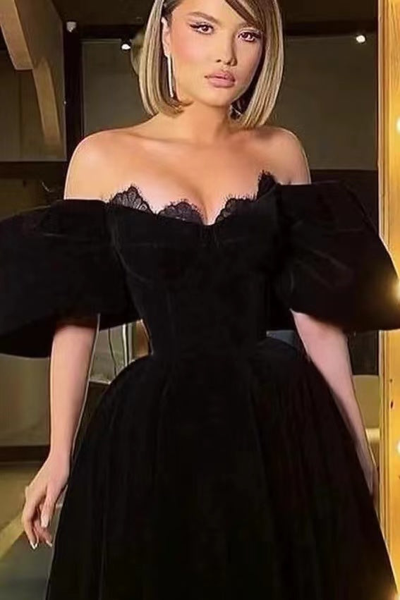 Black Off-The-Shoulder Bubble Sleeves Prom Dress With Lace