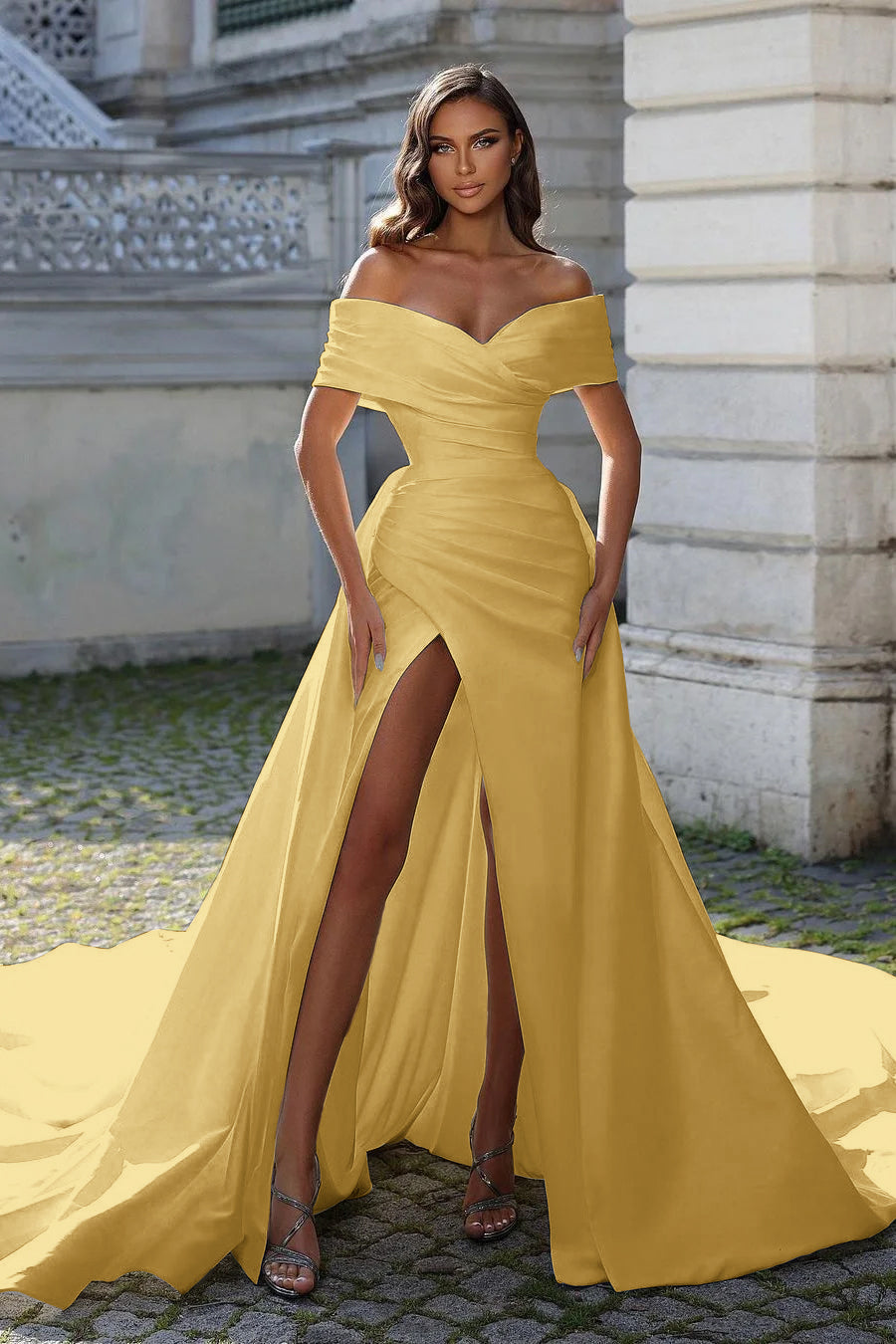 Charming White Satin Off the Shoulder Strapless Long Prom Dress with Split