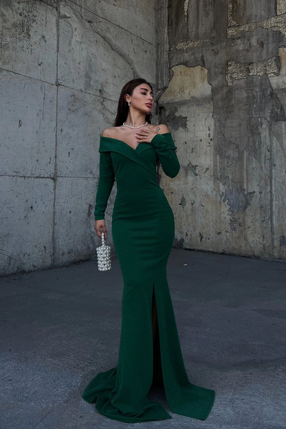 Stunning Dark Green Strapless Long Sleeves Deep V Neck Mermaid Prom Dress with Split