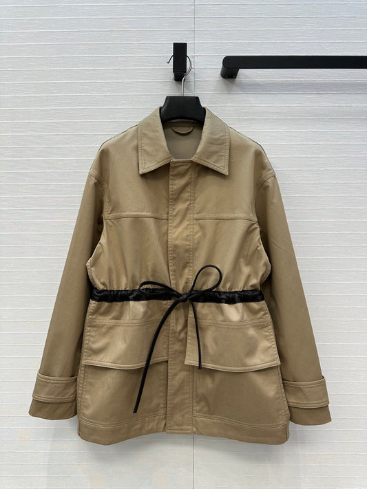BV Shirt Jacket Leather Bound Belt in Brown Cotton