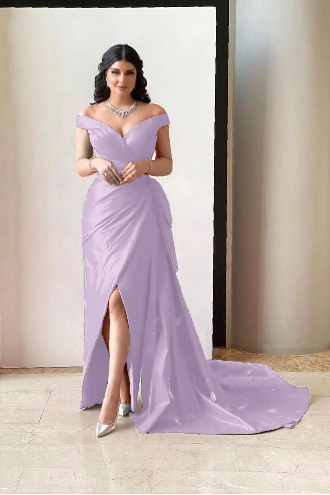 Amazing Fuchsia Off-The-Shoulder V-Neck Split Prom Dress With Pleated