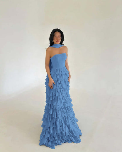 Classic Royal Blue Straight Across Sleeveless Pleated Evening Dress With Scarf