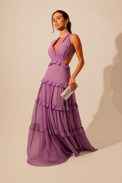 Sleeveless Deep V-Neck Halter Straps A-Line Prom Dress With Ruffles