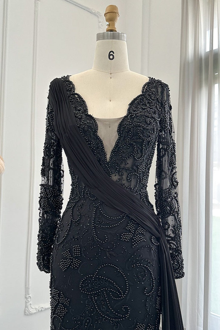 Black V Neck Mermaid Prom Dress Long Sleeves With Appliques Ruffles