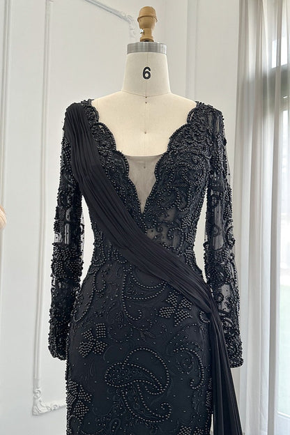 Black V Neck Mermaid Prom Dress Long Sleeves With Appliques Ruffles