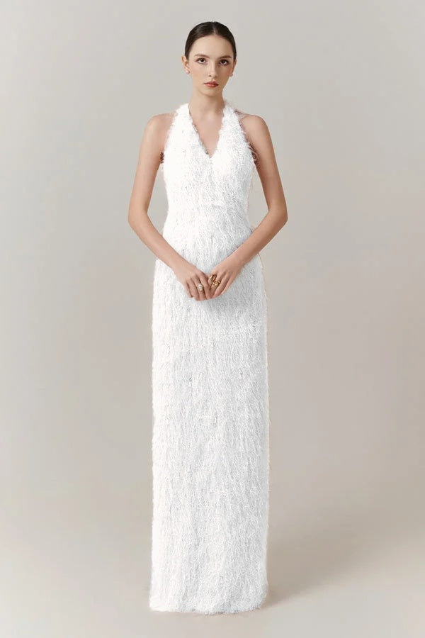 Sleeveless Halter Straps V-Neck Feathered Mermaid Evening Dress with Pearl Details
