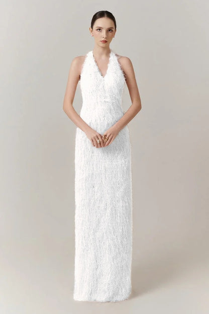Sleeveless Halter Straps V-Neck Feathered Mermaid Evening Dress with Pearl Details