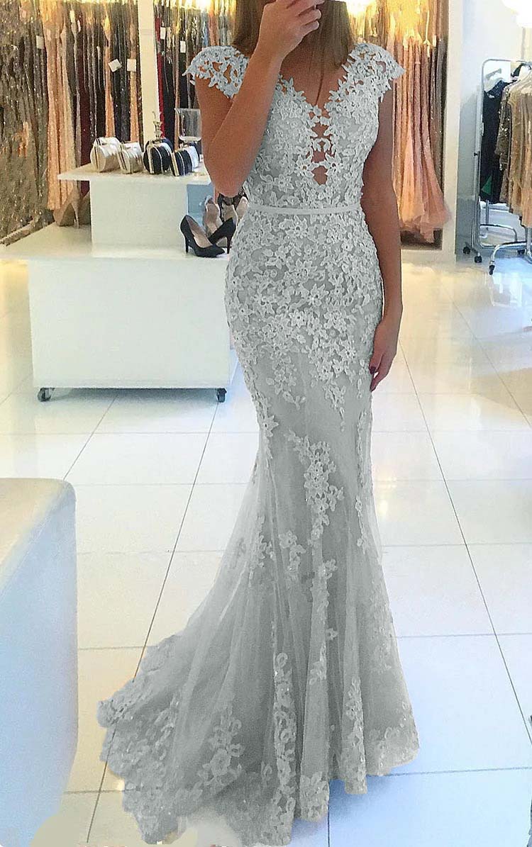 Appliques Mermaid Cap Sleeve Prom Dress