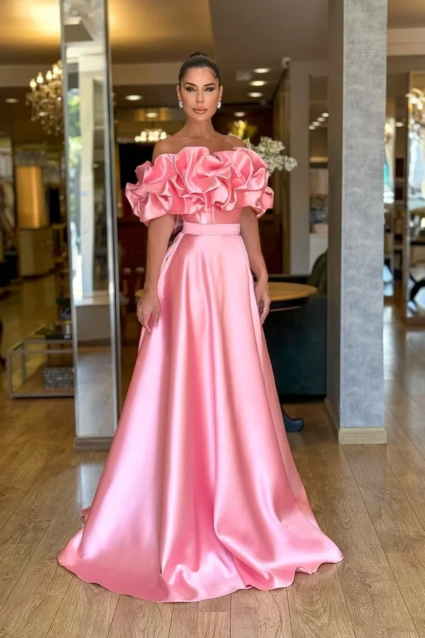 Lovely Pink Off-The-Shoulder Prom Dress With Handmade Flower