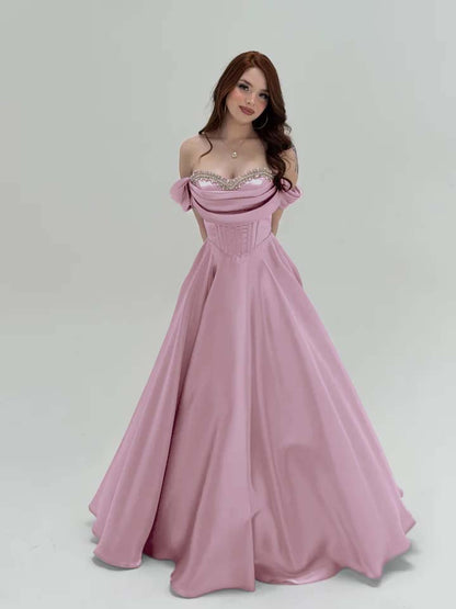 Elegant Off-The-Shoulder Beadings A-Line Pletaed Evening Dress