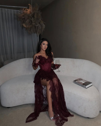 Sexy Sleeveless Strapless Lace Sweetheart Long Slit Prom Dress With Gloves