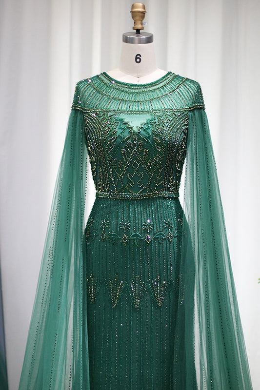 Jewel Neck Mermaid Prom Dress Cap Sleeves Tulle With Appliques Diamond