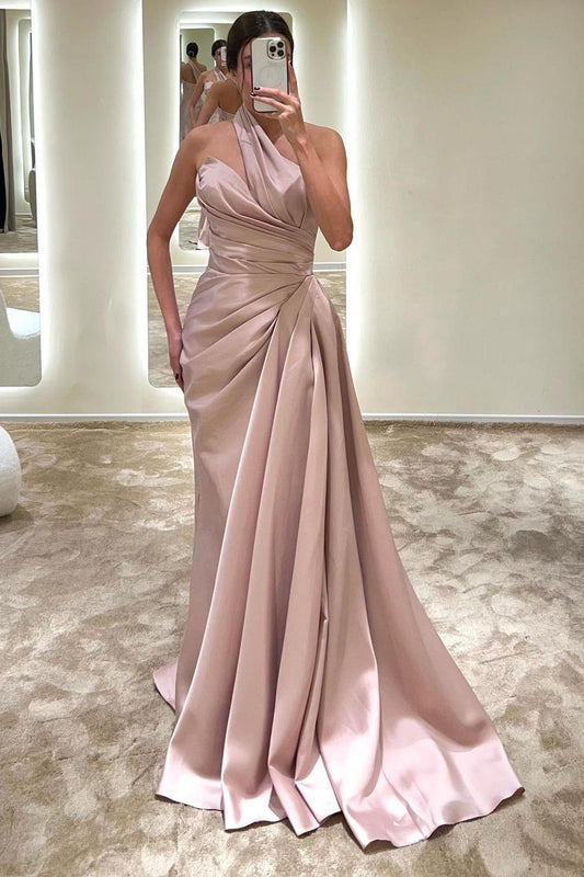 Charming Blush Pink Satin Sleeveless Strapless Halter Long Prom Dress with Pleated