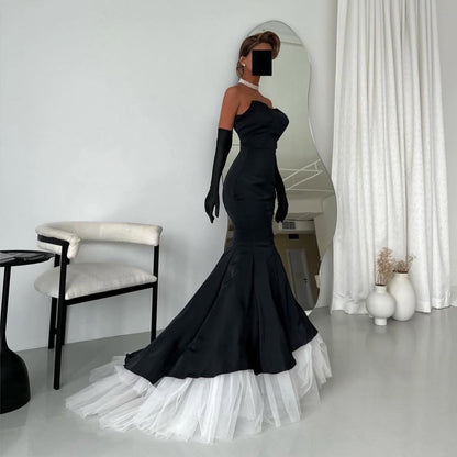 Luxurious Black Satin Sleeveless Strapless Mermaid Prom Dress with Gloves