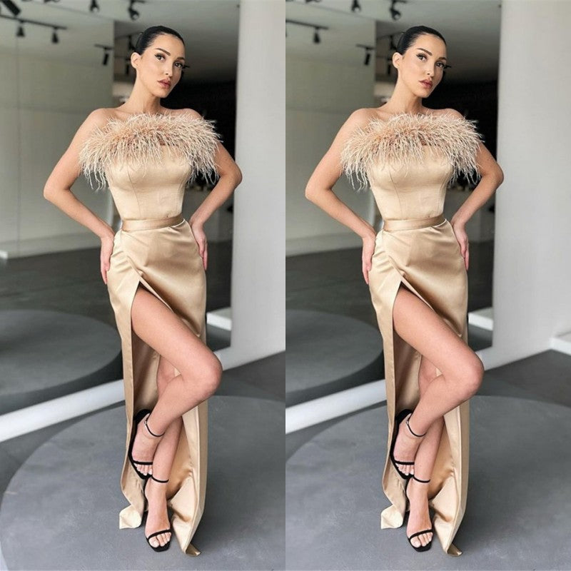 Mermaid Strapless Feather Prom Dress With Slit