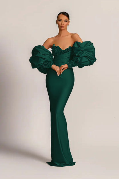 Purple Mermaid Prom Dress With Appliques Puff Sleeves