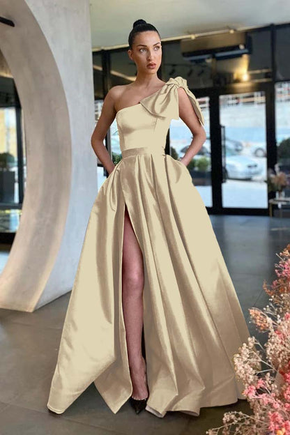 Gold Slit One-Shoulder Prom Dress With Pockets