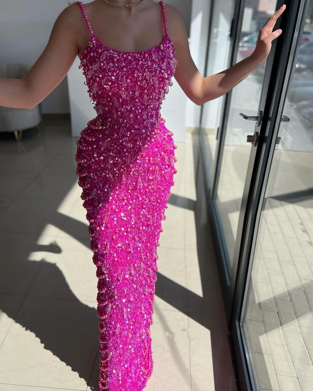 Fuchsia Acrylic Spaghetti-Straps Close-Fitting Mermaid Prom Dress With Pearls Sequins