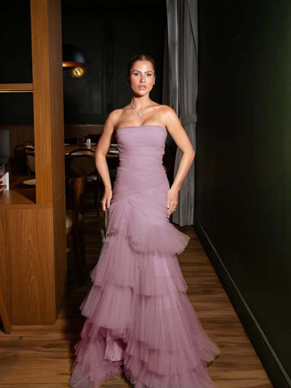 Stunning Straight Across Sleeveless Pleated Tulle Mermaid Evening Dress
