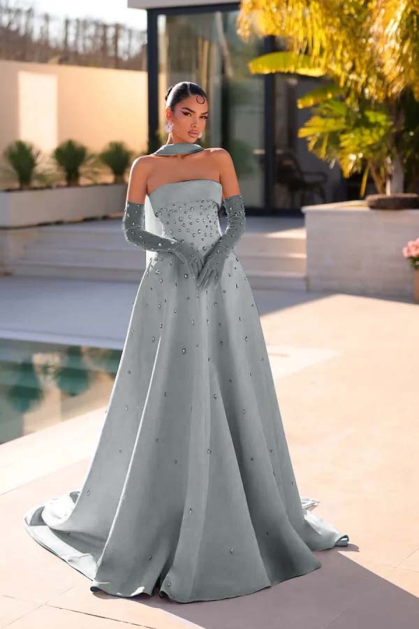 Sleeveless Strapless Long Evening Dress With Appliques Gloves