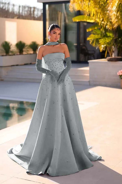 Sleeveless Strapless Long Evening Dress With Appliques Gloves