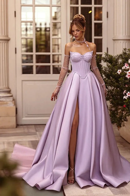 Purple Sleeveless Strapless Sweetheart A-Line Beadeds Prom Dress
