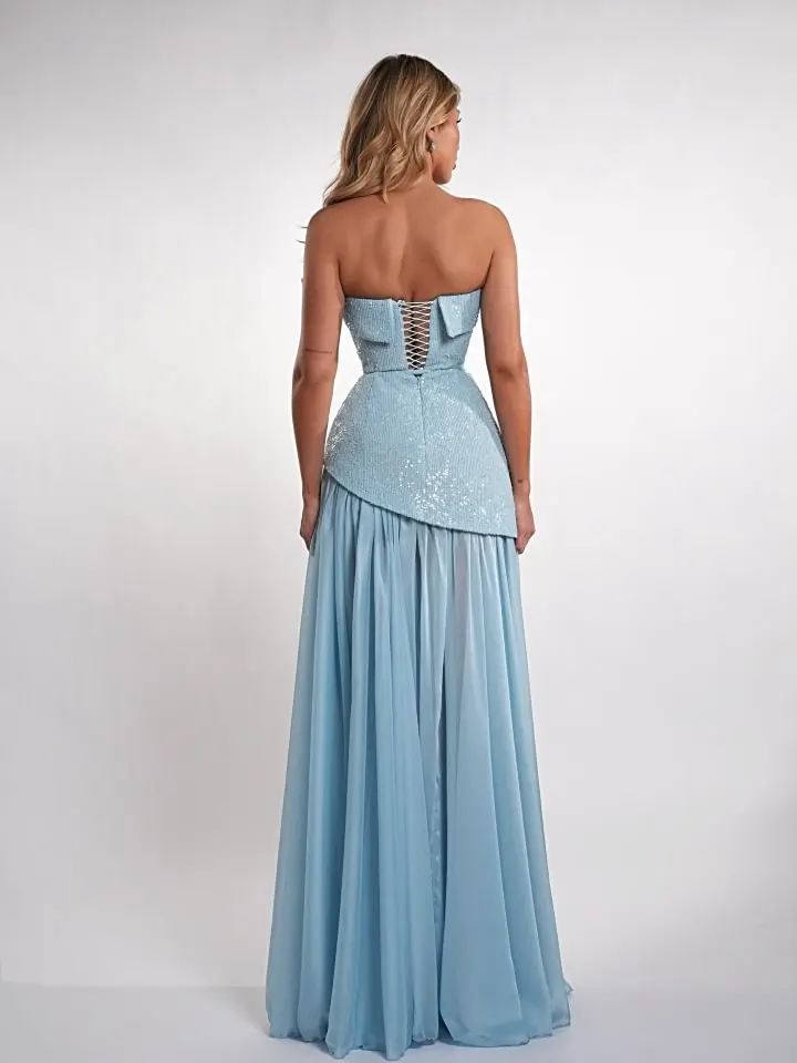 Charming Blue Straight Across Sleeveless Sequins Pleated Evening Dress
