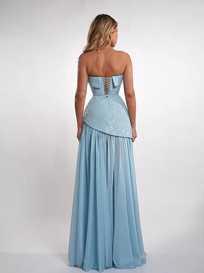 Charming Blue Straight Across Sleeveless Sequins Pleated Evening Dress