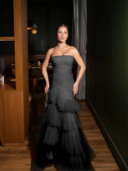 Stunning Straight Across Sleeveless Pleated Tulle Mermaid Evening Dress