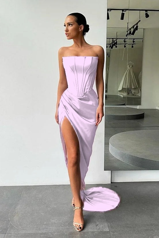 Strapless Slit Long Prom Dress Evening Party Gowns