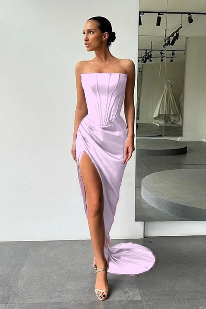 Strapless Slit Long Prom Dress Evening Party Gowns