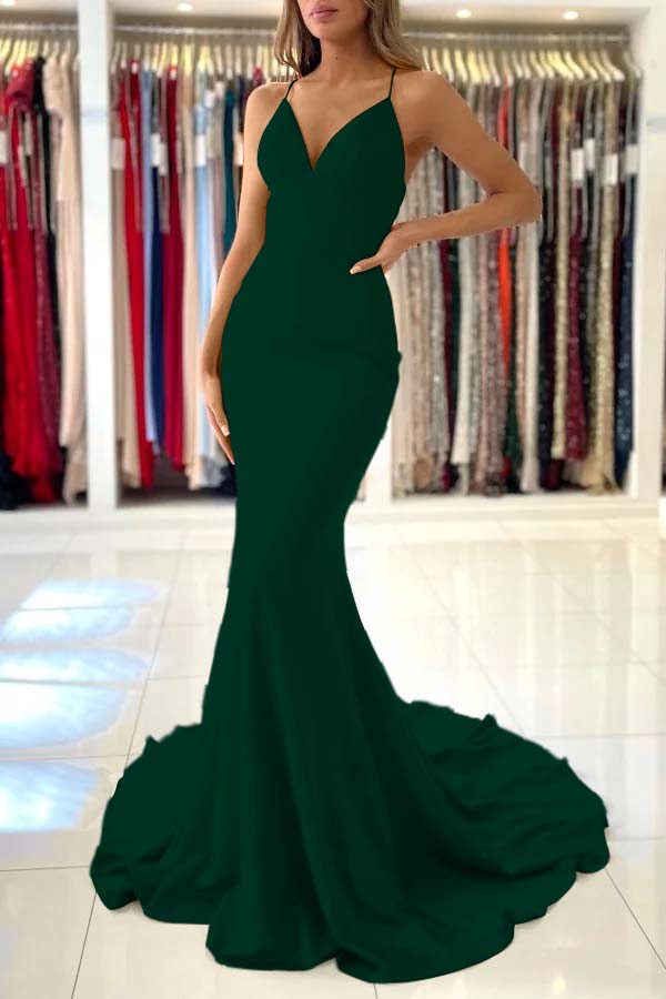 Red Spaghetti Strap Long Mermaid Evening Dress
