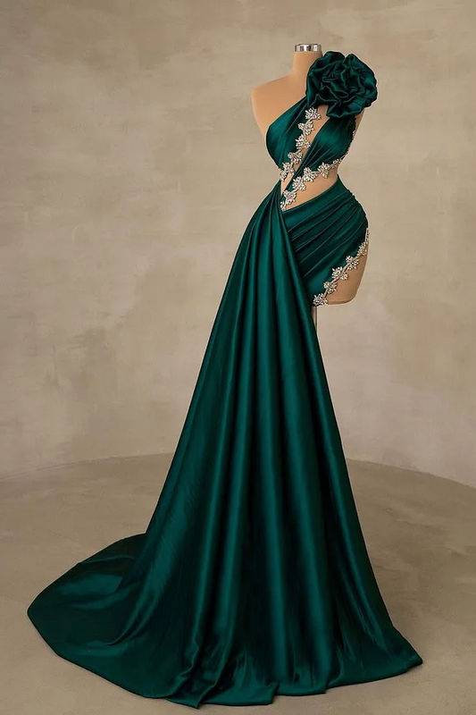 Sleeveless Asymmetric Mermaid Beadeds Handmade Flower Prom Dress