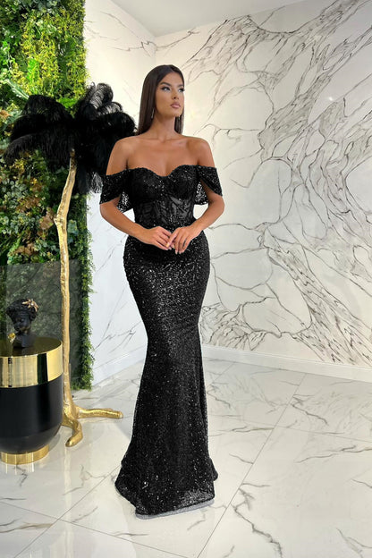 Elegant Dark Green Sweetheart  Off-The-Shoulder Prom Dress With Applique Sequins