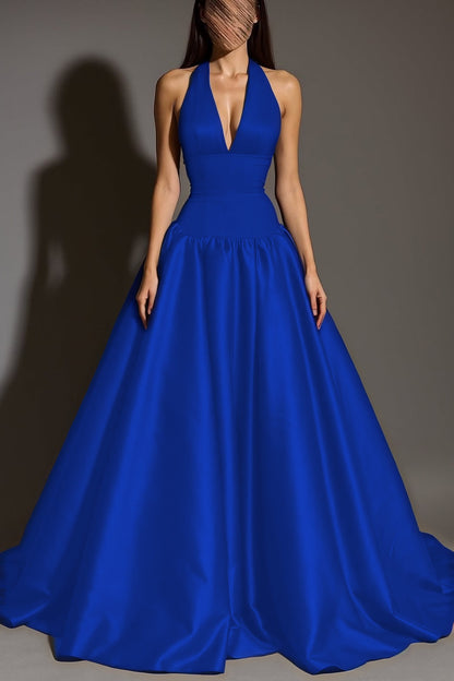Sexy Sleeveless Halter Straps A-Line Deep V-Neck Long Prom Dress