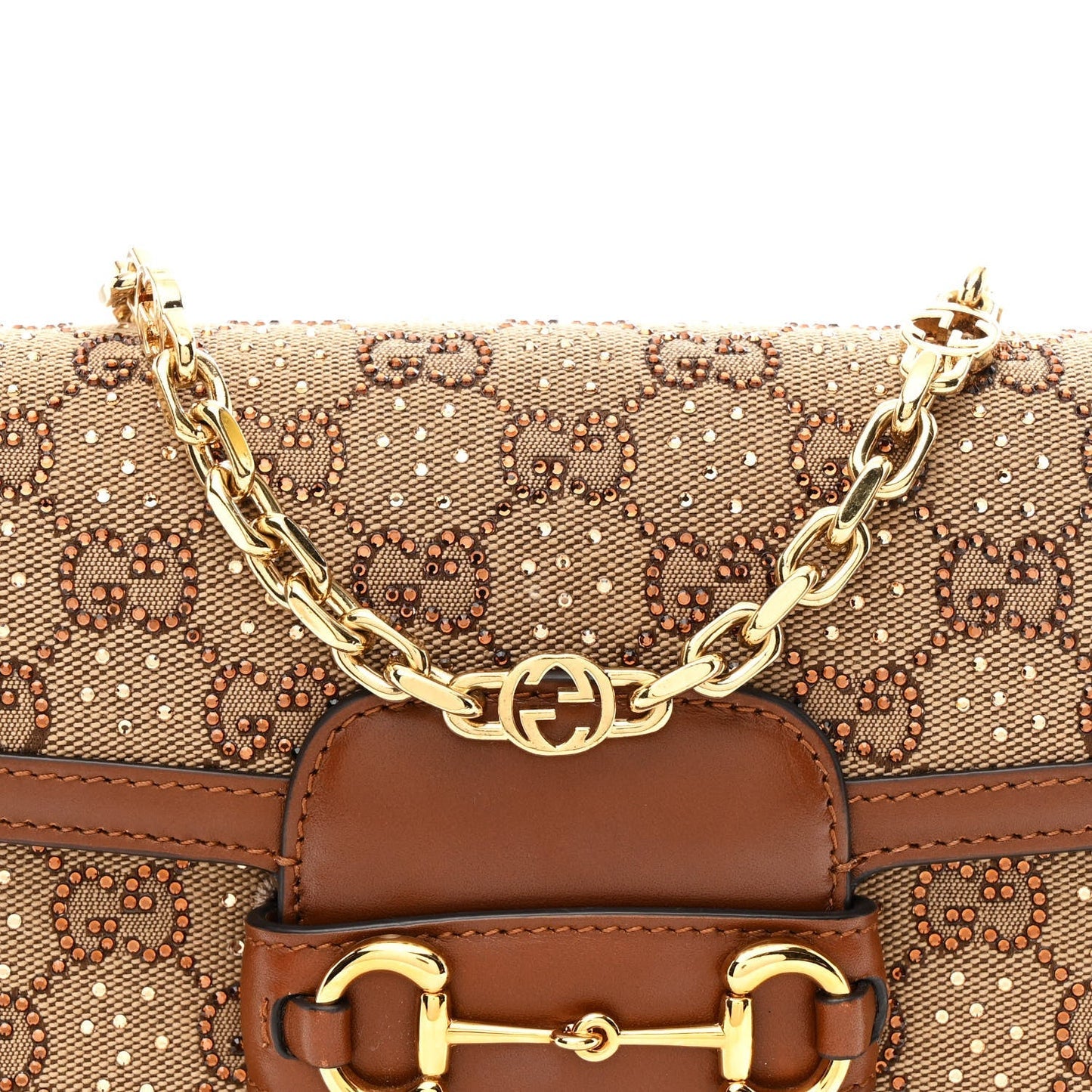 New Canvas Charisma Calfskin Crystal GG Monogram Mini Horsebit 1955 Shoulder Bag Camel Ebony