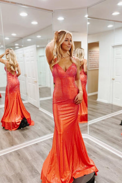 Shinning Orange Spaghtti Strap Sleeveless V Neck Mermaid Prom Dress with Beadings