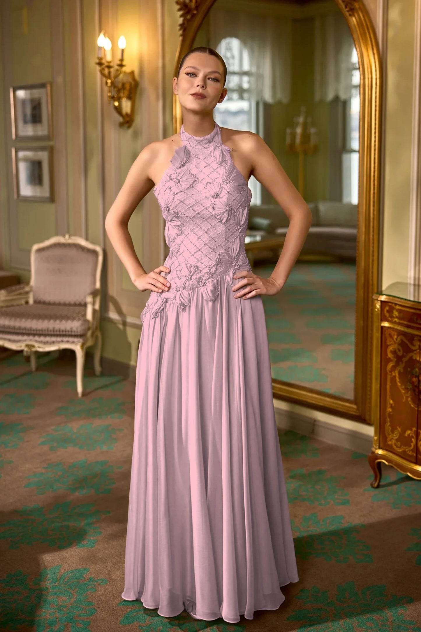 Halter Evening Dress Floor Length Sheath with Beading and Flower